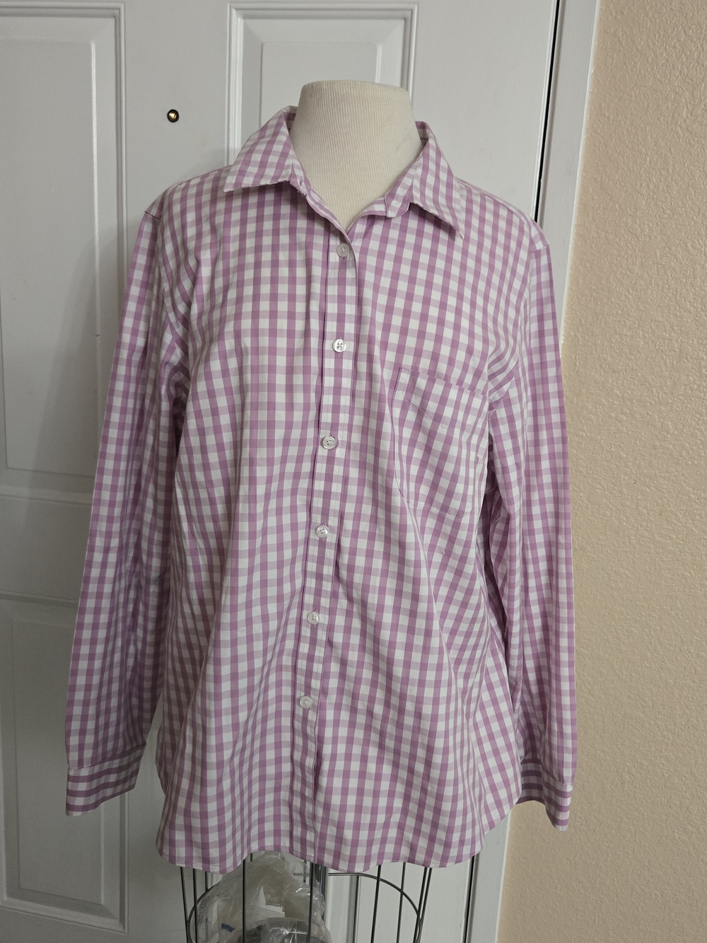 LL Bean Women Lavender Gingham Button-Up Shirt Size 1X